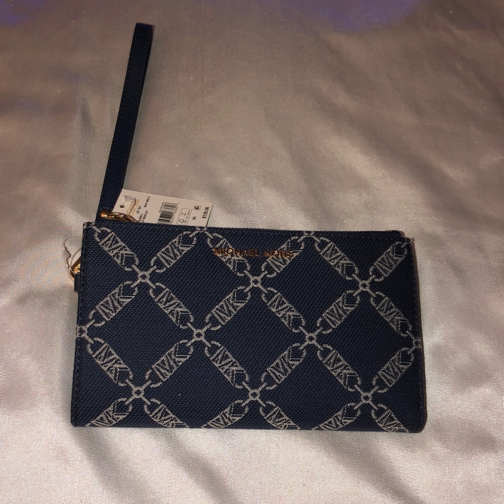 Michael Kors Jet Set Empire Logo Jacquard Double Zip Wristlet Navy Multi NWT